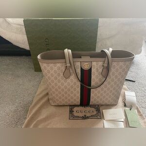 GG Monogram Textured Calfskin Ophidia Shopping Tote Beige Mystic White Oatmeal